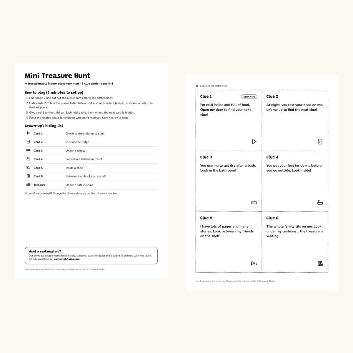 The two pages of the free mini treasure hunt: instructions and six clue cards to cut out
