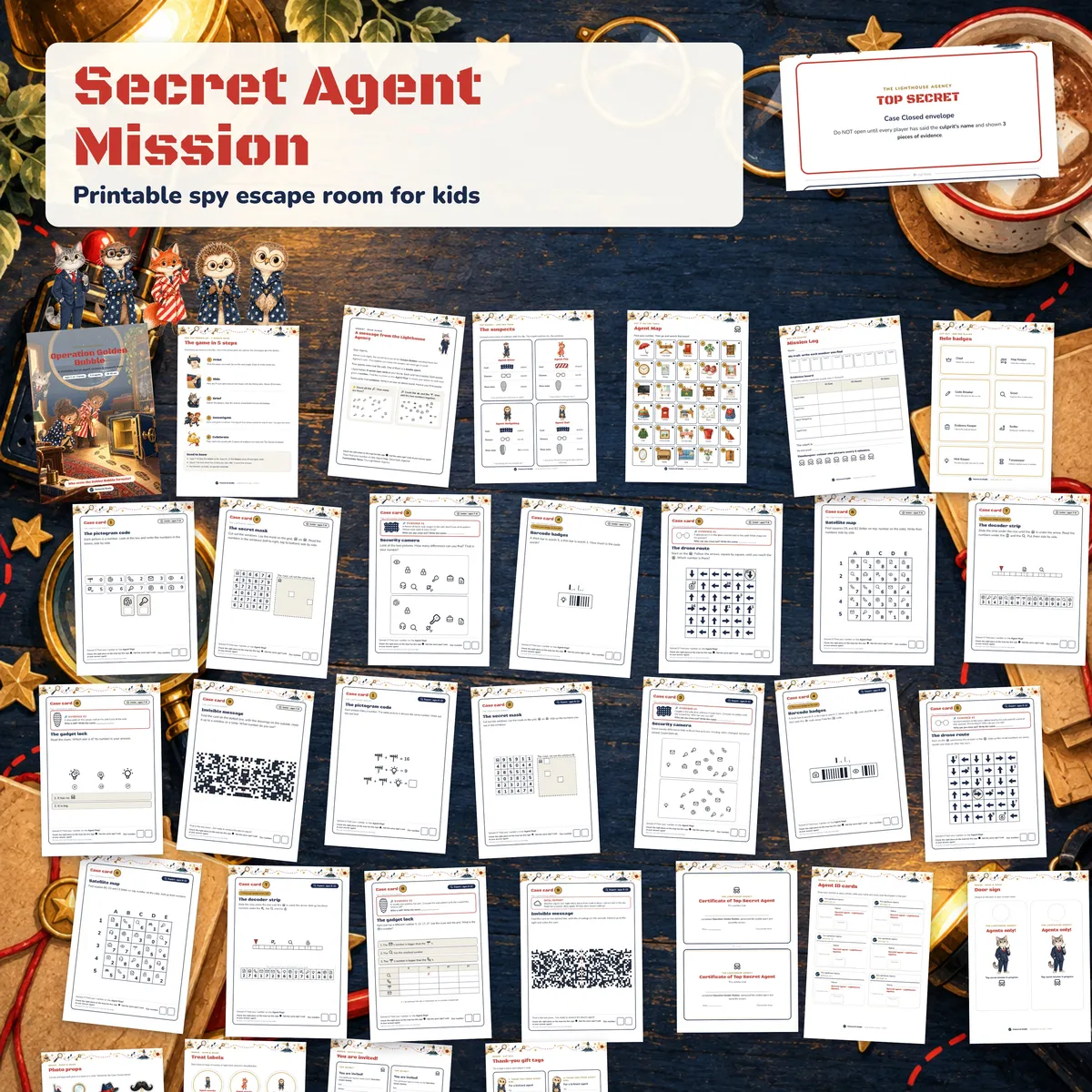 The printable pages of the Operation Golden Bubble spy kit, laid out side by side