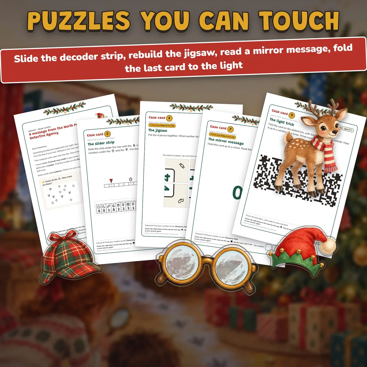Printable Christmas mystery case cards with a slider strip, a jigsaw and a mirror message, beside a reindeer and festive props